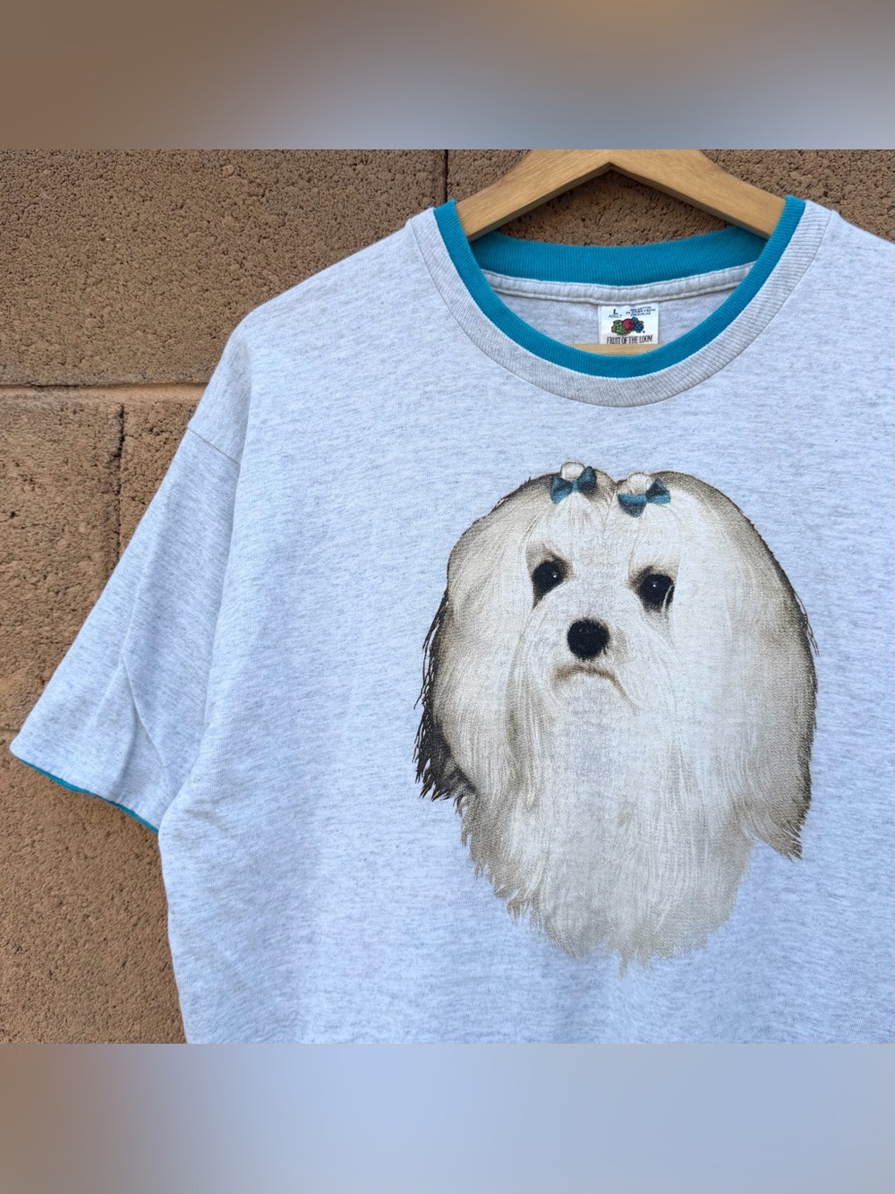 Vintage 90s Maltese Dog T-Shirt Gray Size Large Fruit Of The Loom USA - Picture 6 of 7